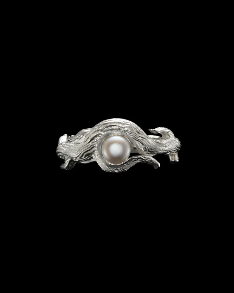 Textured sterling silver vine ring set with a freshwater pearl