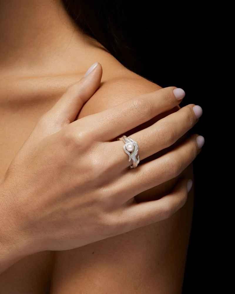 Textured sterling silver vine ring set with a freshwater pearl