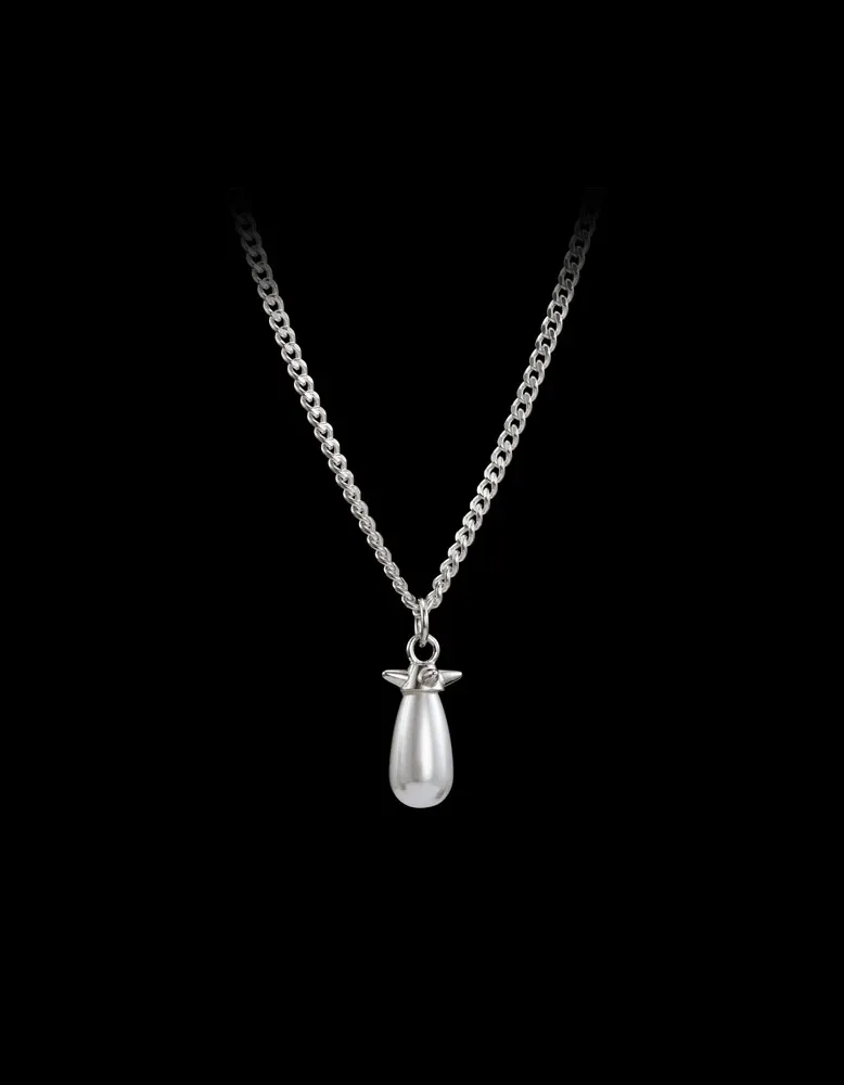 Teardrop glass pearl pendant in sterling silver on a curb chain