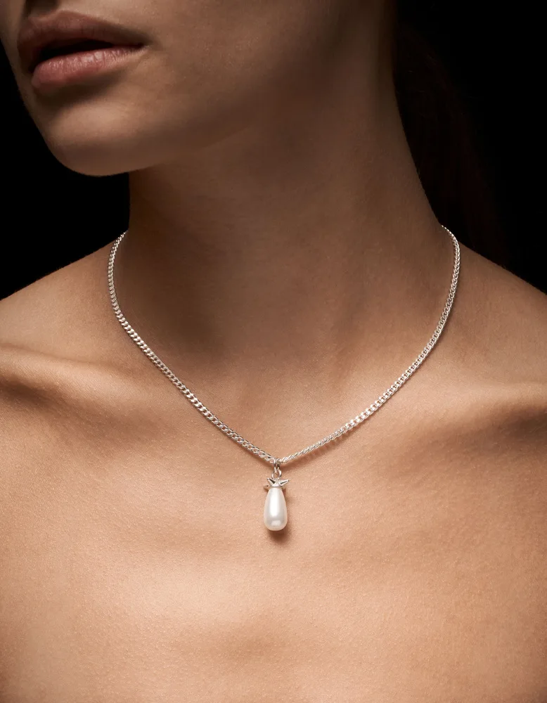 Teardrop glass pearl pendant in sterling silver on a curb chain