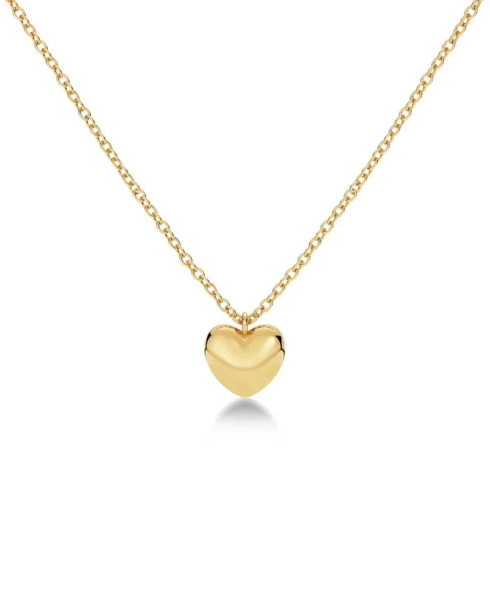 Small puffed heart pendant necklace in gold plated stainless steel