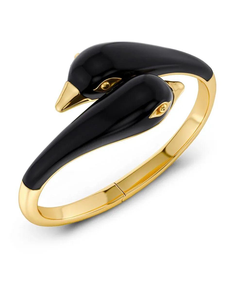 Wide black enamel bangle in gold plated stainless steel
