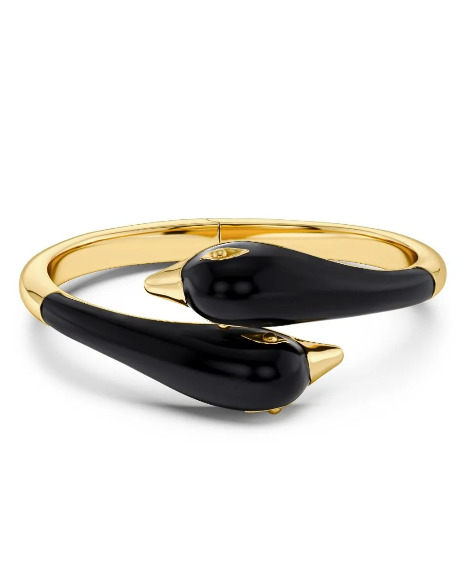 Wide black enamel bangle in gold plated stainless steel