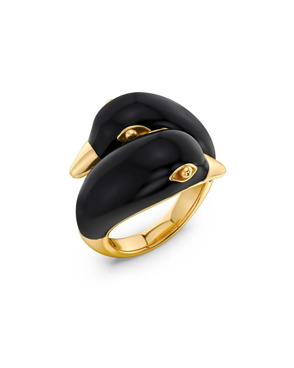Enamel Wave Ring in gold and black
