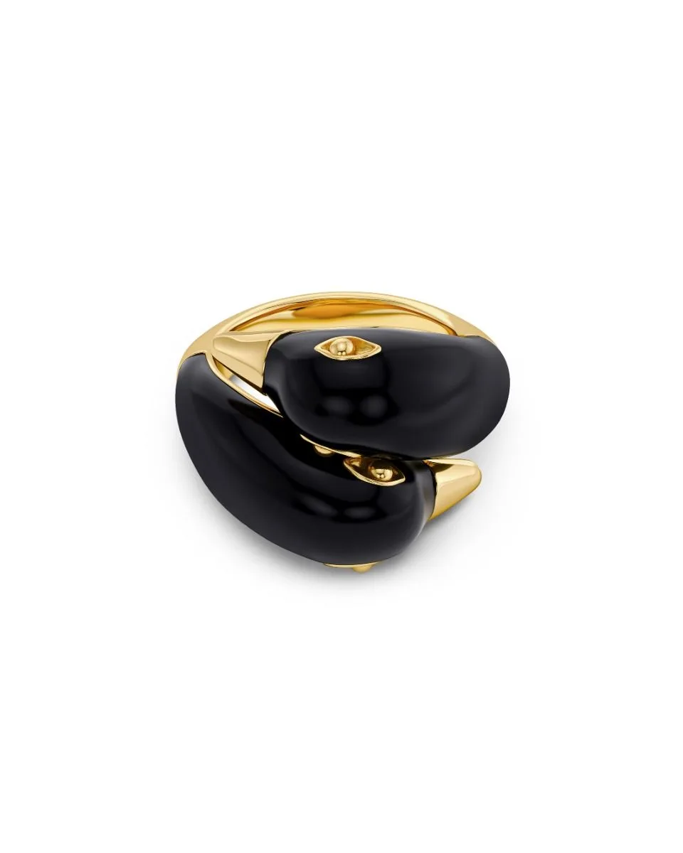 Curved black enamel statement ring in gold plated stainless steel