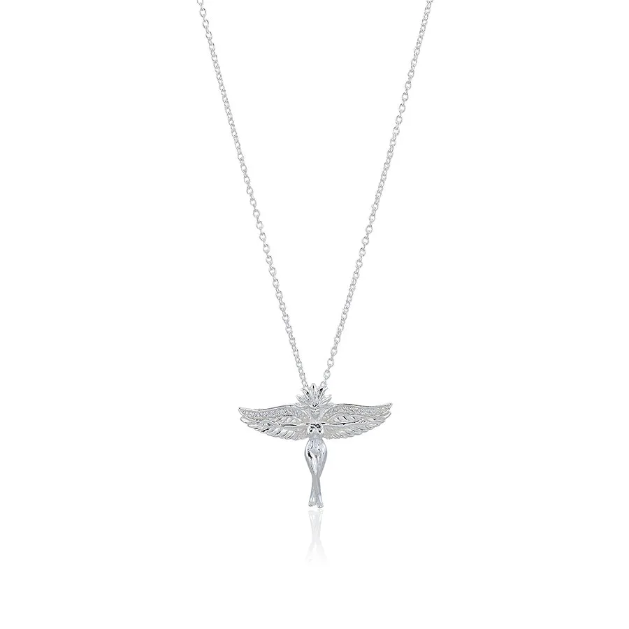 Winged figure pendant in sterling silver on a long chain